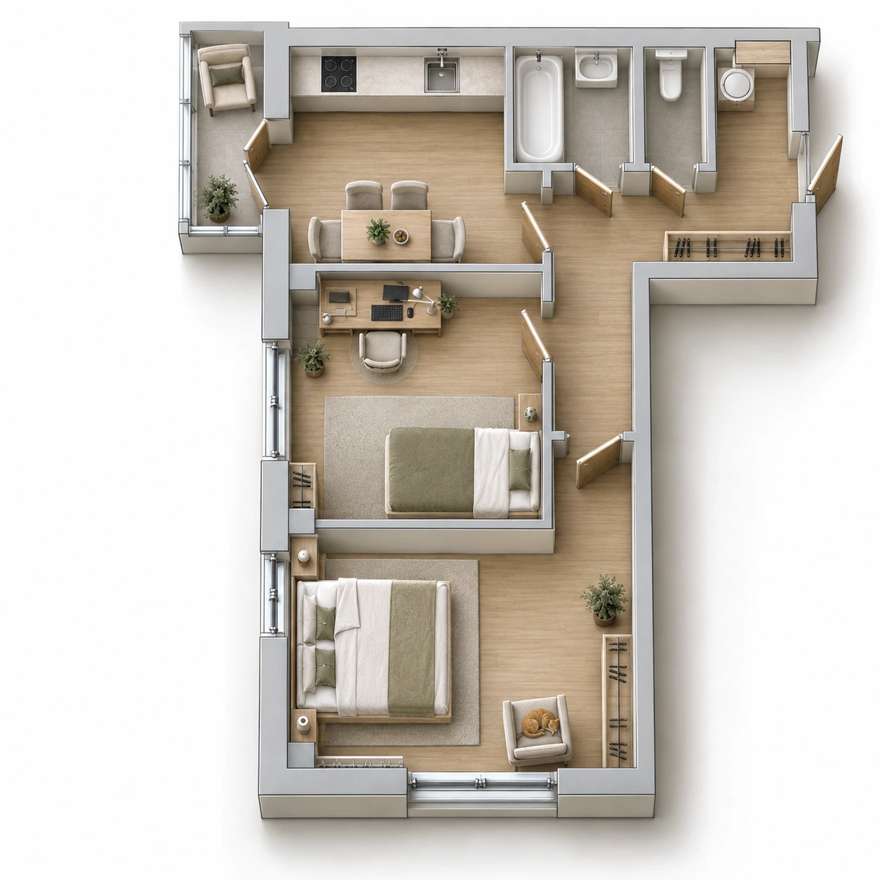 Планировка: 2-комнатная квартира, 59,7 м²