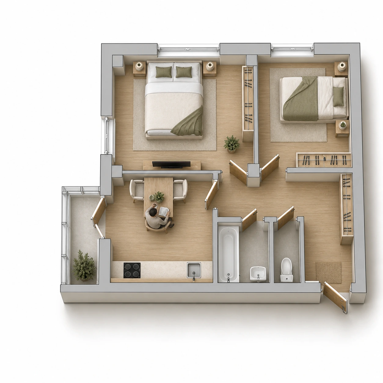 Планировка: 2-комнатная квартира, 61,6 м²